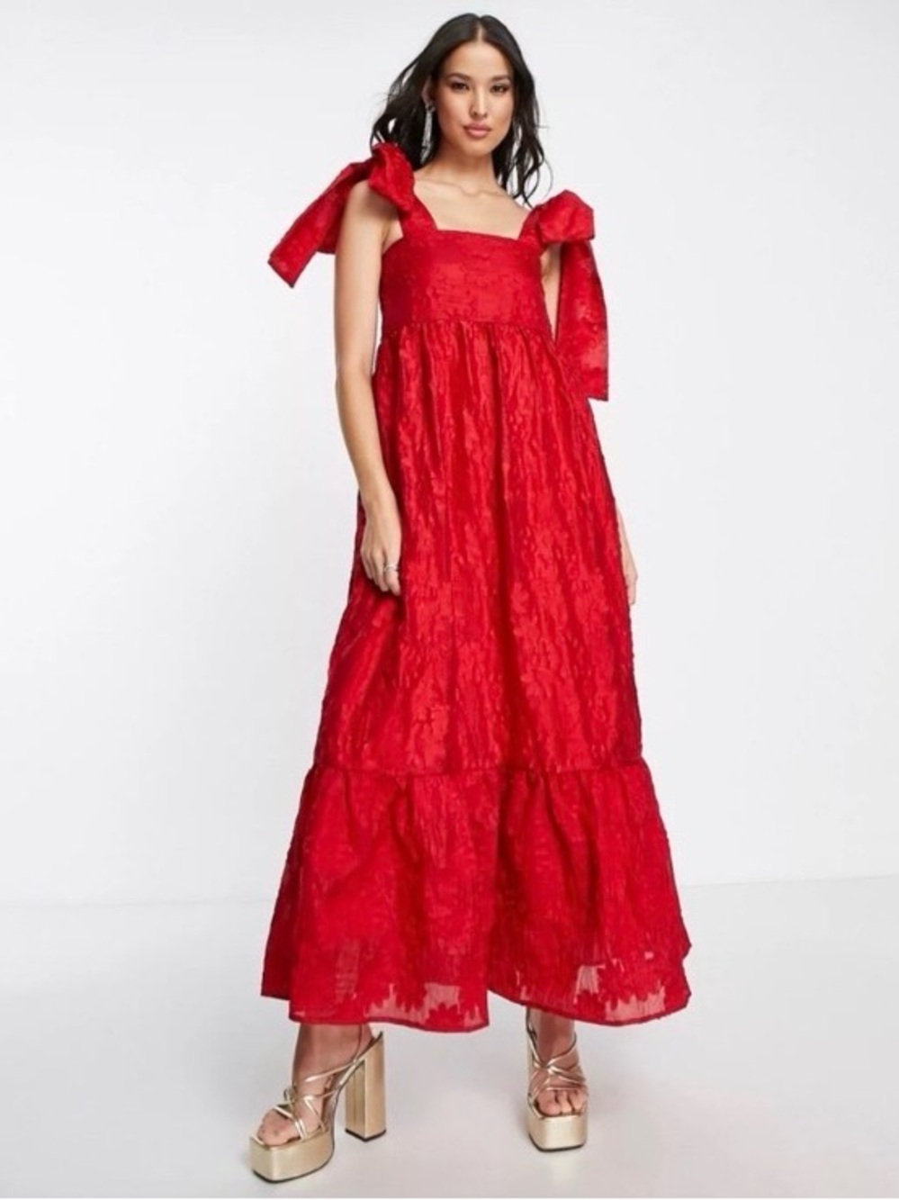 Sister Jane tiered maxi dress in red jacquard with bow straps xs